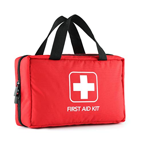 Kitgo 220 Piece Premium First Aid Kit, Includes Emergency Foil Blanket, Scissors and Bandage, for Car, Travel, Home, Workplace, Camping, Hiking,Outdoor and Sports（Red）